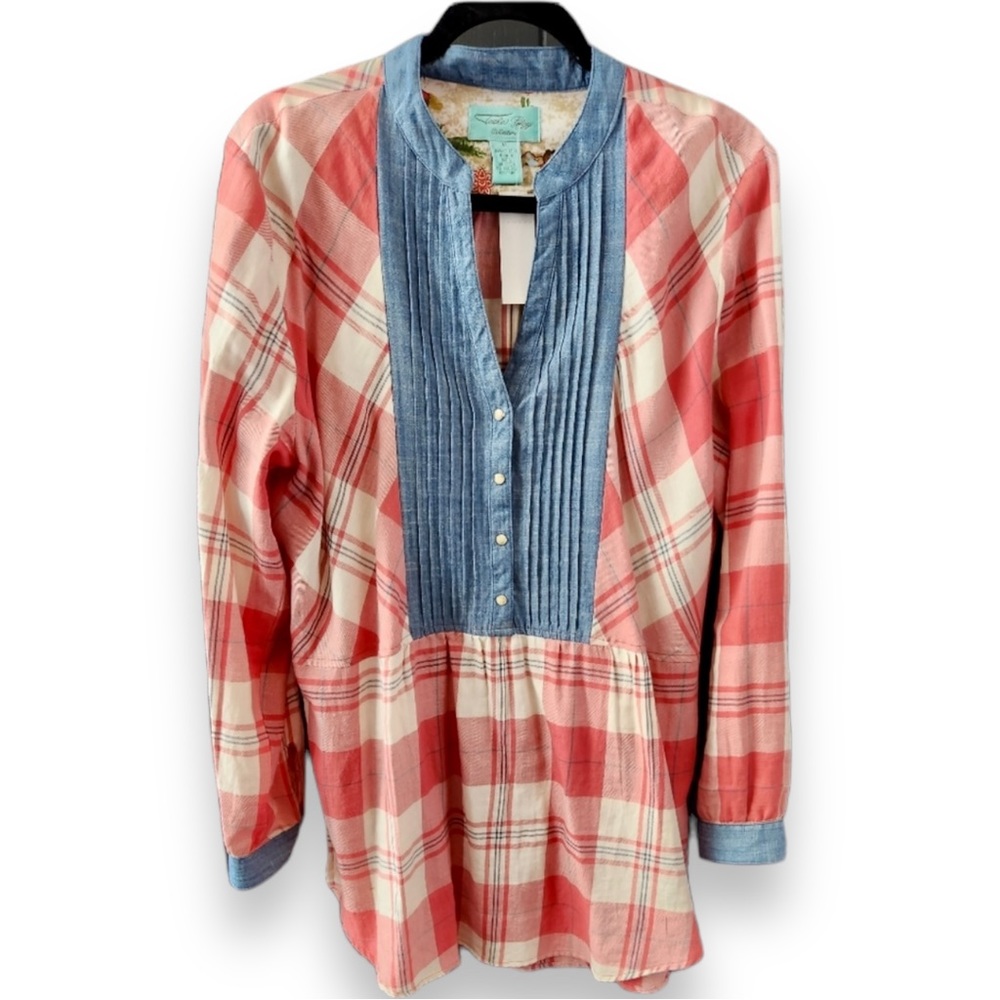 TASHA POLIZZI Sundance Red Plaid Denim Tunic Top Dress Shirt Rustic Chic Cowgirl